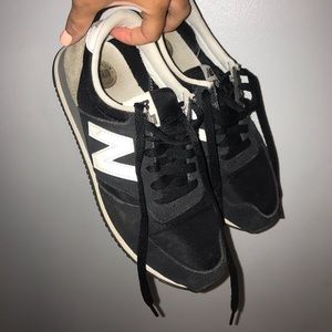 black, white, tan new balance shoes, size 7